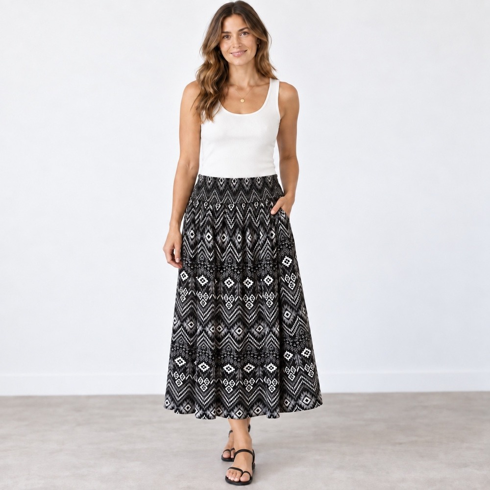 Studio 253 Midi Skirt Womens Small Gray Black Boho Geometric Pull On 30 inch
